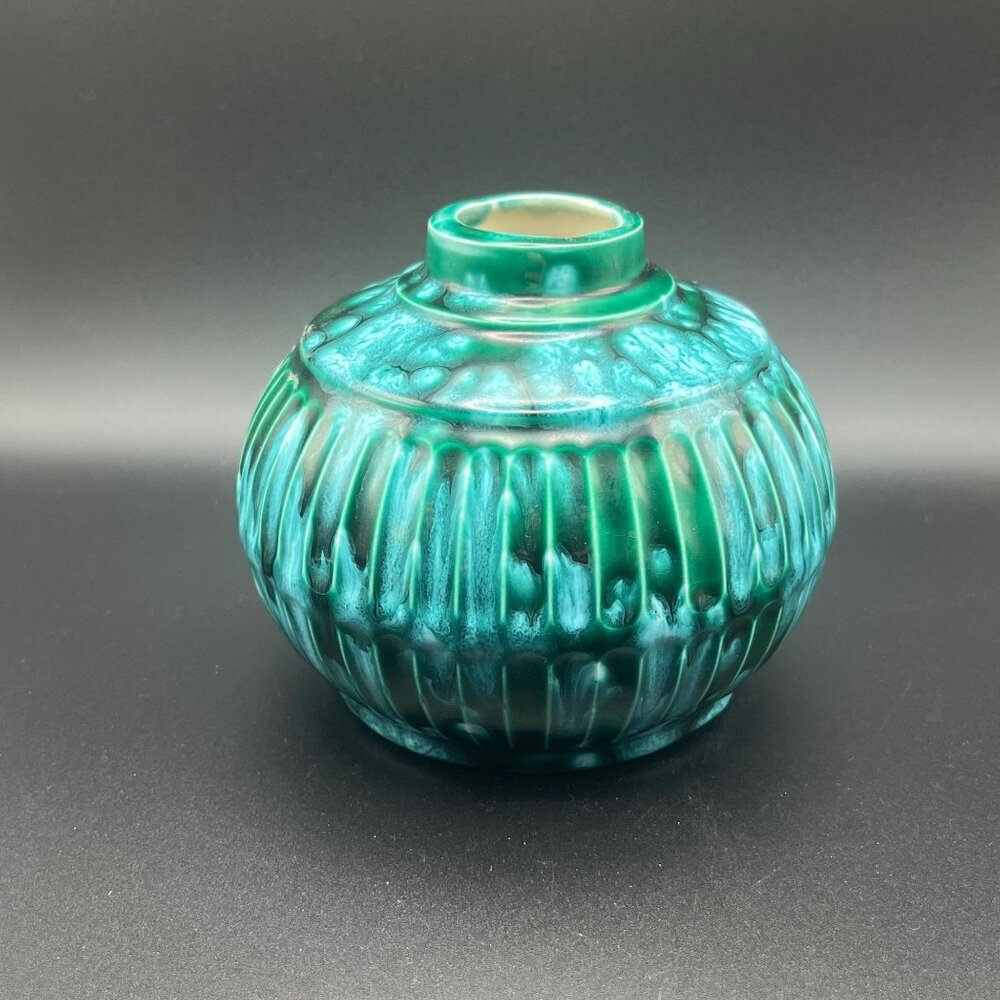 Vintage Blue Green Drip Glaze Vase // 4" Tall // Ceramic Ball Vase